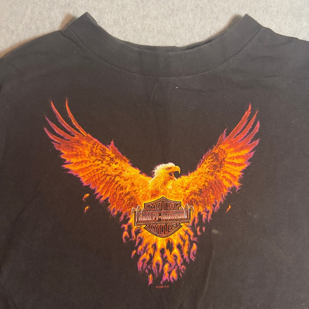 Vintage 1998 Harley Davidson T Shirt Mens Black XL Eagle Flame Phoenix Fire 90s
